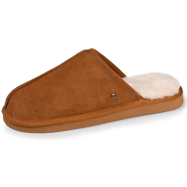 isotoner-chaussons-mules-homme-cuir-camel-fourr-es image 1