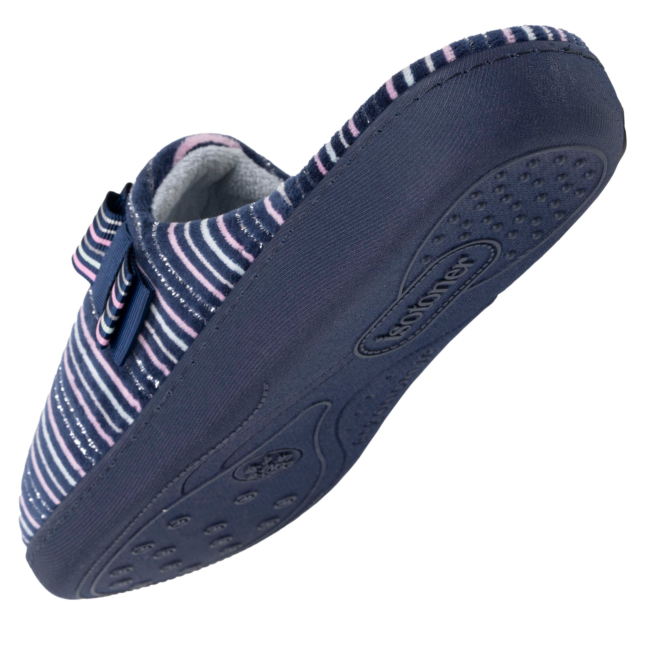 isotoner-chaussons-mules-femme-rayures-marine-velours-coton-vo-te-plantaire image 5