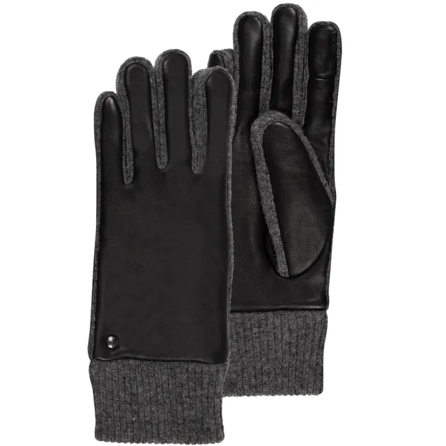 isotoner-gants-femme-tactiles-cuir-agneau-maille-noir image 1
