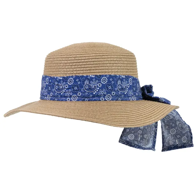 isotoner-chapeau-canotier-femme-bandana-bleu-paille-ajustable-52-58-cm image 1