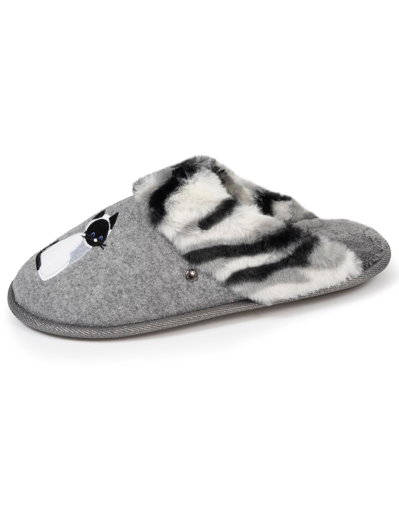 isotoner-chaussons-mules-femme-plates-chat-gris-feutrine-confort image 6
