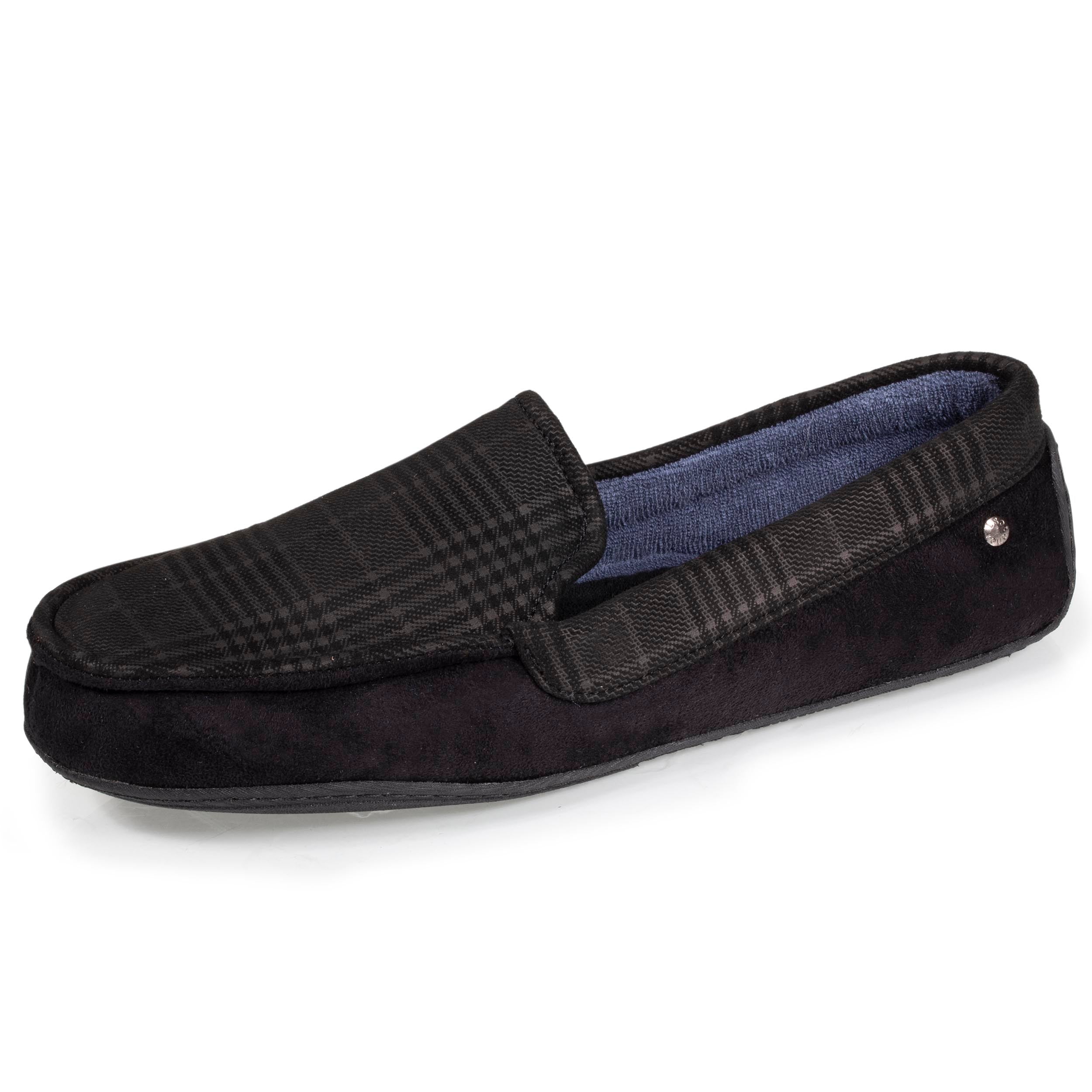 isotoner-chaussons-mocassins-homme-noir-tartan-semelle-gomme image 1