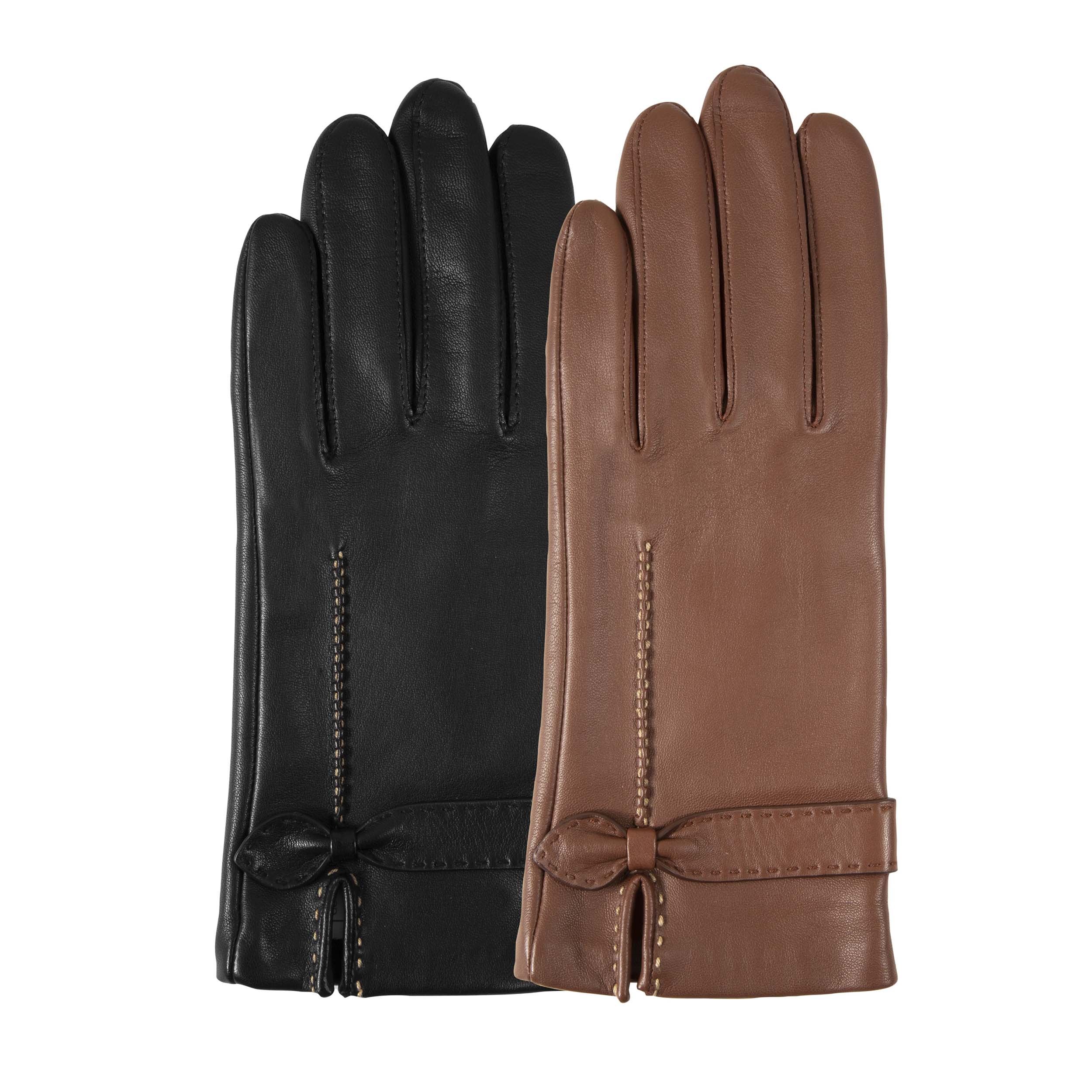 isotoner-gants-femme-cuir-d-agneau-n-ud-noir-doubl-s-soie image 2