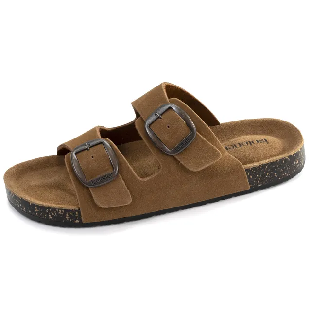 isotoner-mules-sandales-femme-double-bride-cuir-camel image 1