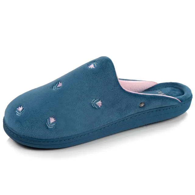 isotoner-chaussons-mules-femme-bleu-canard-fleurs image 1