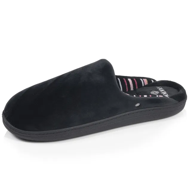 isotoner-chaussons-mules-femme-noir-rayures-roses image 1