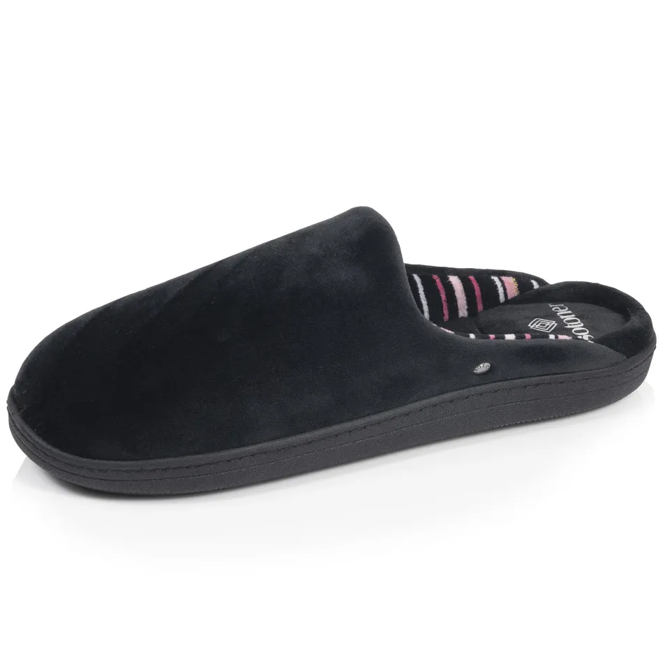 isotoner-chaussons-mules-femme-noir-rayures-roses image 1