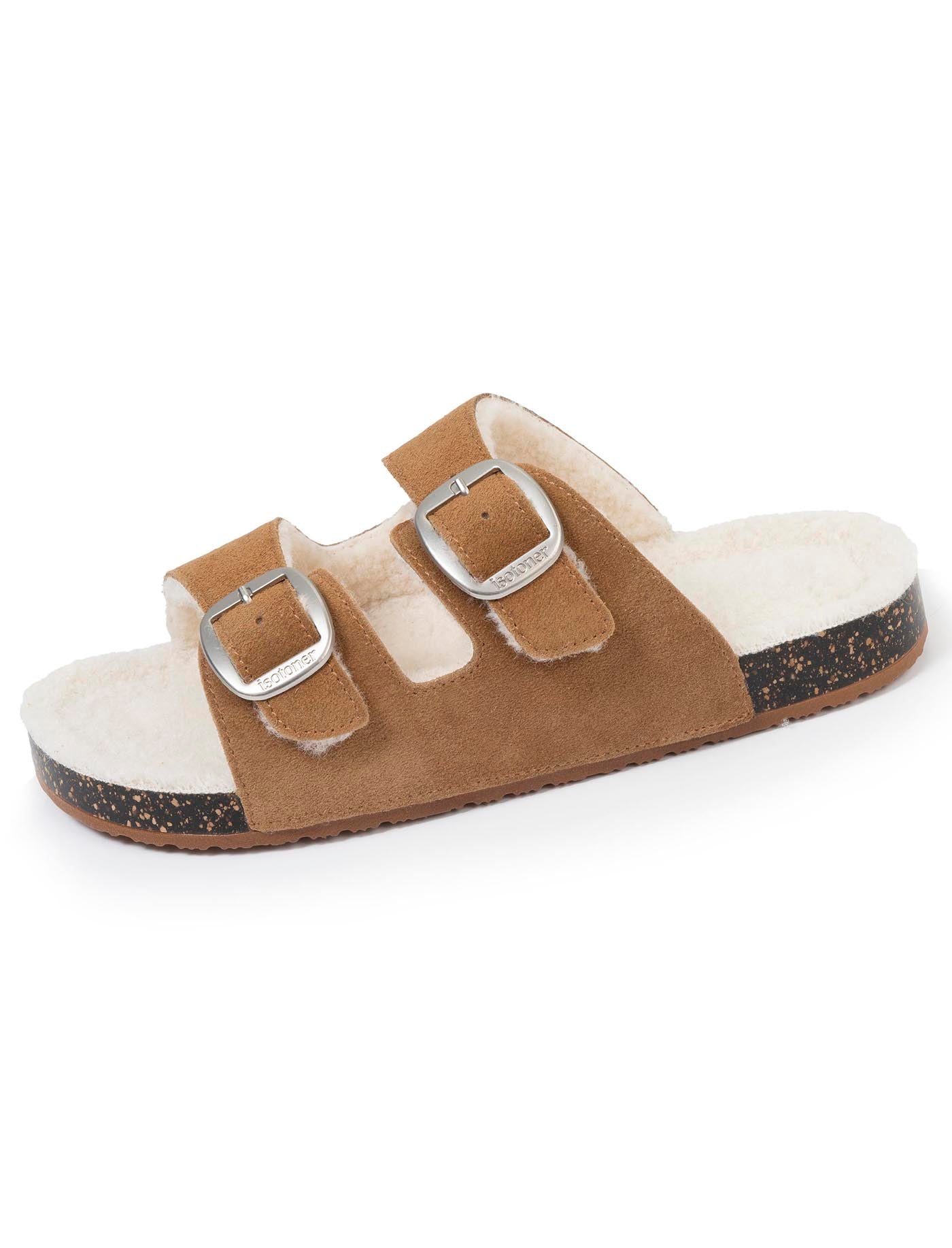 isotoner-chaussons-sandales-femme-sherpa-camel-cuir image 6
