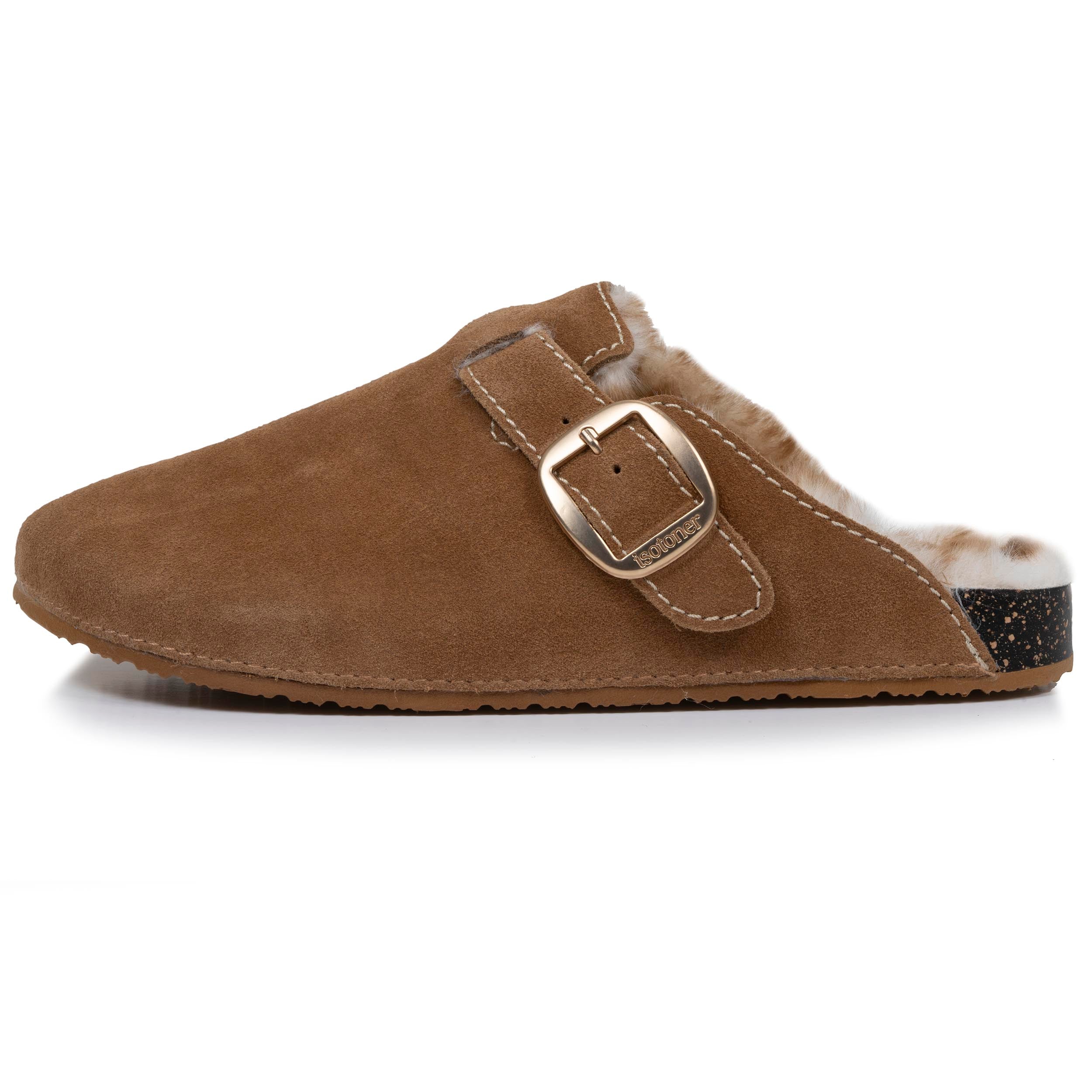 isotoner-sabots-femme-camel-cuir-surpiq-res-blanches image 4