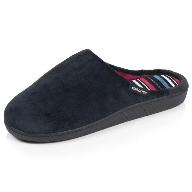 isotoner-chaussons-mules-femme-noir-rayures-canard image 1