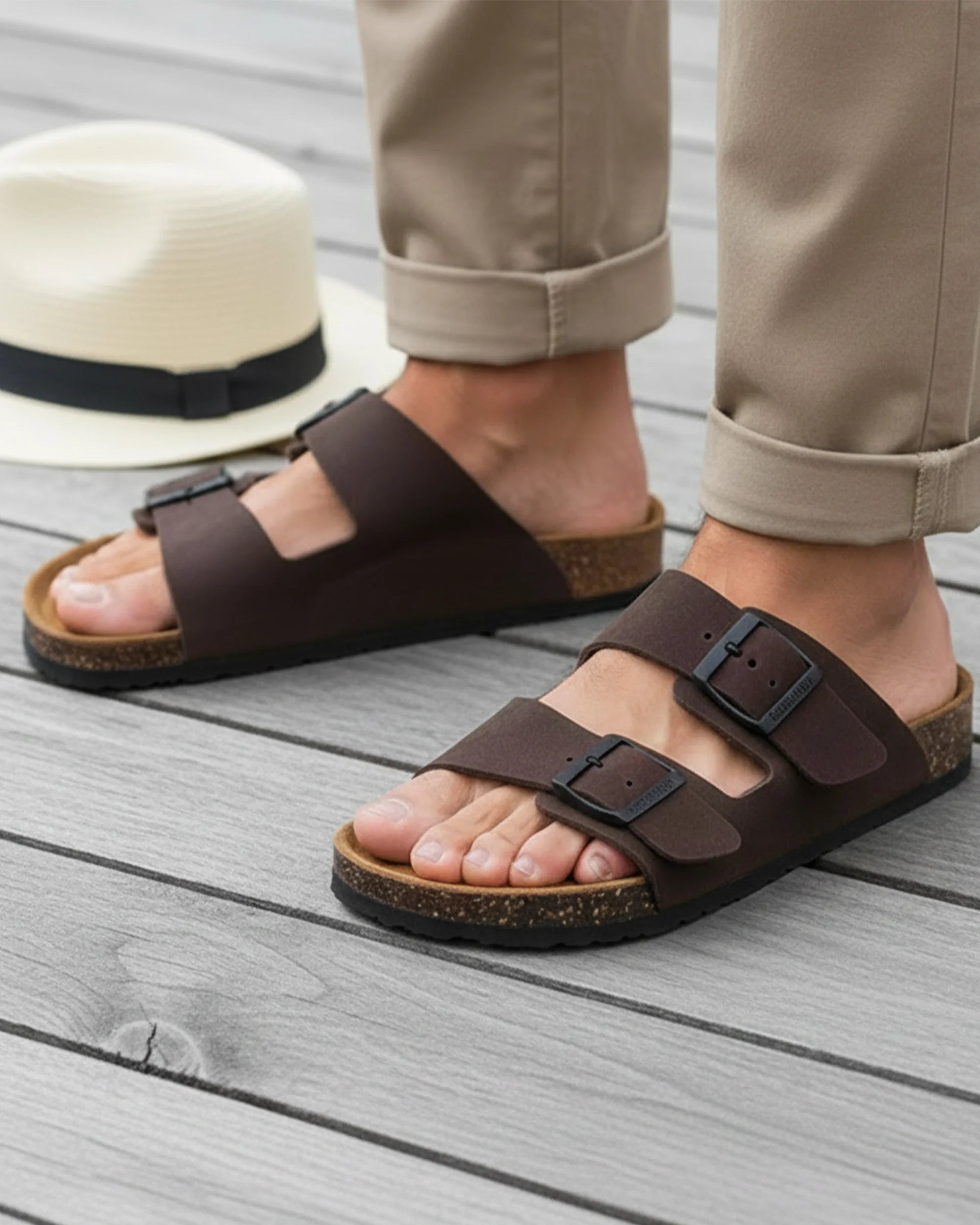 isotoner-mules-sandales-homme-double-bride-cuir-marron image 2