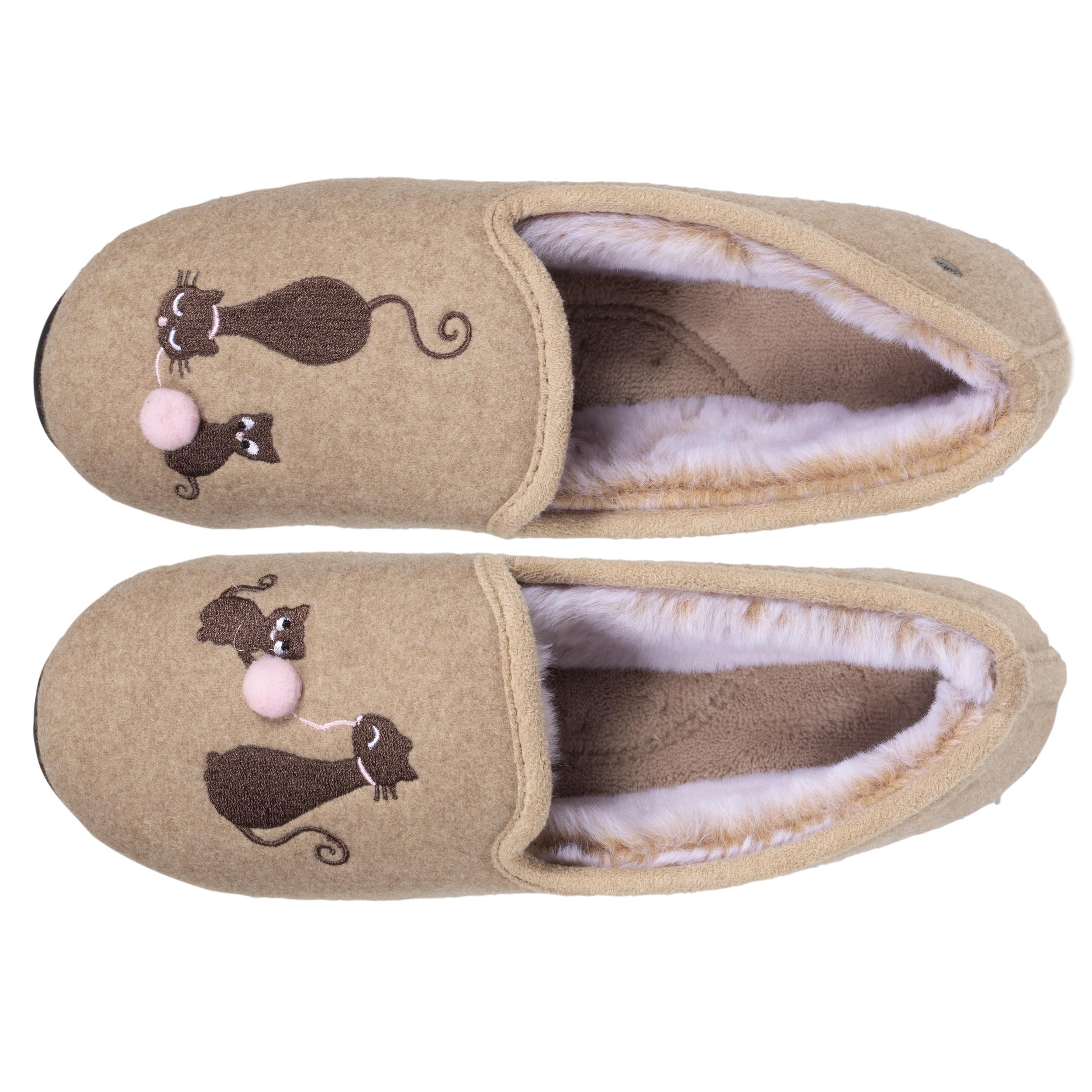 isotoner-chaussons-charentaises-femme-beige-broderie-chat image 2