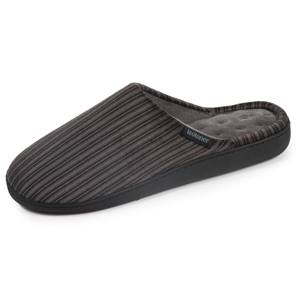 isotoner-chaussons-mules-homme-rayures-gris-bleu image 1